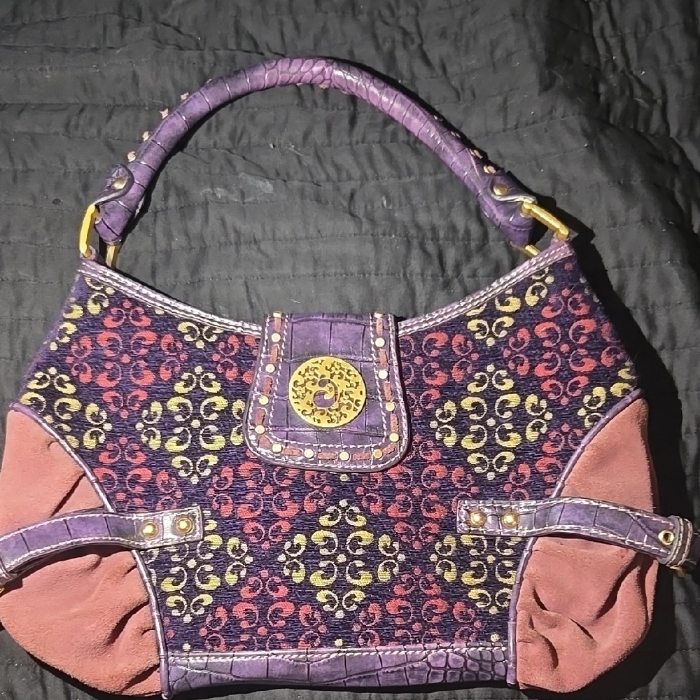 Purple and Brown Shoulder Bag with Hobo Shape and Gold Accents